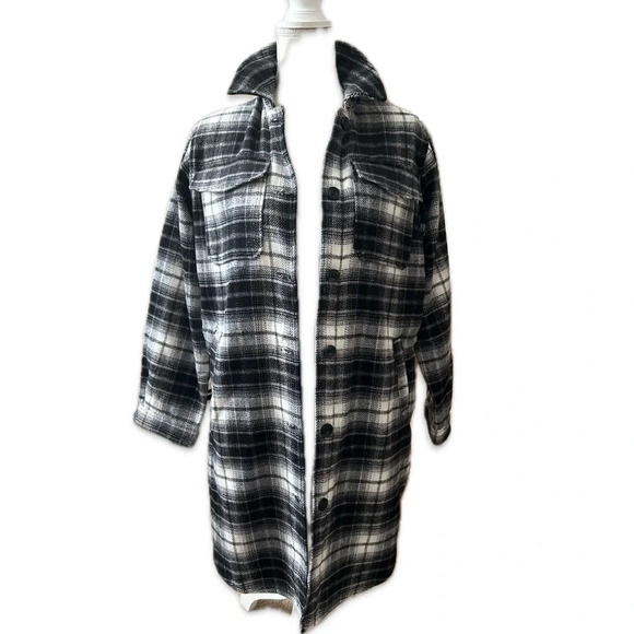H&M Black And White Plaid Long Button Down Jacket/ Shacket Women’s Size XS - Picture 4 of 14